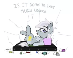 Size: 2396x1912 | Tagged: safe, artist:justapone, derpibooru import, oc, oc:silver bolt, earth pony, pony, charging, colored, colored lineart, colored pupils, dialogue, earth pony oc, female, females only, filly, grey fur, image, impatient, lightning, looking back, lying down, on back, pillow, png, recharge, small pony, solo, super powers