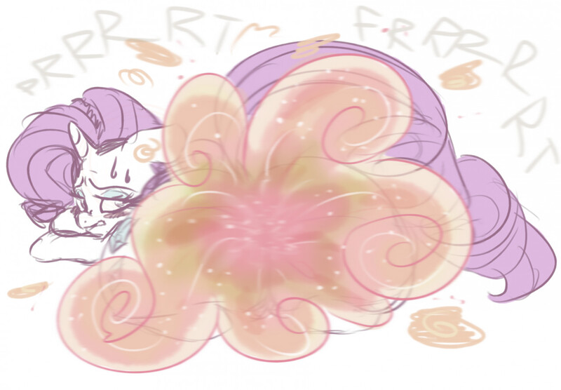 Size: 1280x889 | Tagged: questionable, artist:cookiexrumbles, derpibooru import, rarity, pony, unicorn, fart, fart fetish, fart noise, female, fetish, image, jpeg, looking back, onomatopoeia, raised tail, solo, solo female, sound effects, sweat, tail