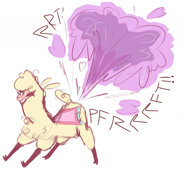 Size: 1280x1211 | Tagged: questionable, artist:cookiexrumbles, derpibooru import, llama, them's fightin' herds, community related, fart, fart fetish, fart noise, female, fetish, image, jpeg, onomatopoeia, paprika (tfh), simple background, smiling, solo, solo female, sound effects