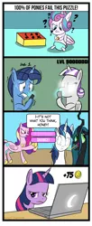 Size: 800x1964 | Tagged: safe, artist:mrkat7214, derpibooru import, night light, princess cadance, princess flurry heart, queen chrysalis, shining armor, twilight sparkle, twilight sparkle (alicorn), twilight velvet, alicorn, changeling, changeling queen, pony, unicorn, comic:twilight vs. computer, 4 panel comic, ads, alicornified, aside glance, baby, baby pony, comic, computer, female, image, implied infidelity, implied shining chrysalis, implied shipping, implied straight, laptop computer, licking, looking at you, png, question mark, race swap, shaking, sideways glance, tongue out, twilight is not amused, unamused