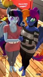 Size: 1080x1920 | Tagged: safe, artist:anthroponiessfm, derpibooru import, oc, oc:layla horizon, oc:maple cake, anthro, bat pony, 3d, anthro oc, barefoot, bat pony oc, bat wings, clothes, cute, fangs, feet, female, holding hands, image, leggings, looking at you, pants, png, source filmmaker, sweater, wings