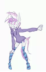 Size: 2442x3758 | Tagged: safe, derpibooru import, oc, oc:glam rock, unofficial characters only, anthro, unicorn, clothes, hoodie, image, jpeg, smiling, socks, striped legwear, thigh highs