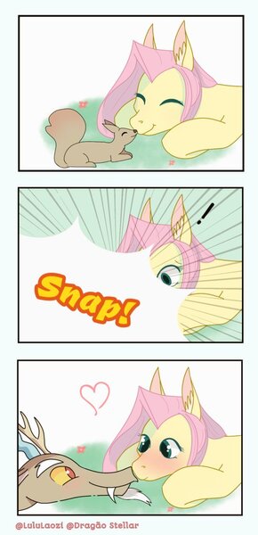Size: 495x1024 | Tagged: safe, artist:lululaozi, derpibooru import, discord, fluttershy, squirrel, animal, blush sticker, blushing, boop, comic, cute, discoshy, discute, exclamation point, female, heart, image, jpeg, male, noseboop, shipping, signature, straight