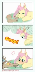 Size: 495x1024 | Tagged: safe, artist:lululaozi, derpibooru import, discord, fluttershy, squirrel, animal, blush sticker, blushing, boop, comic, cute, discoshy, discute, exclamation point, female, heart, image, jpeg, male, noseboop, shipping, signature, straight