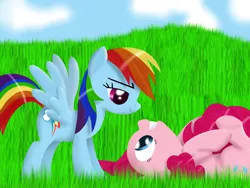 Size: 1920x1440 | Tagged: safe, artist:waveywaves, derpibooru import, pinkie pie, rainbow dash, earth pony, pegasus, pony, female, grass, image, lesbian, looking at each other, lying down, on back, pinkiedash, png, shipping, smiling