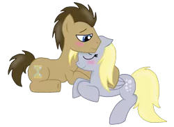 Size: 1312x954 | Tagged: safe, artist:eternalash, derpibooru import, derpy hooves, doctor whooves, time turner, earth pony, pegasus, pony, blushing, cuddling, doctorderpy, female, image, male, mare, png, shipping, simple background, snuggling, straight, transparent background