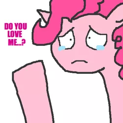 Size: 400x400 | Tagged: safe, artist:askpinkiepieandfriends, derpibooru import, pinkie pie, earth pony, pony, bust, frown, image, png, sad, simple background, solo, talking to viewer, teary eyes, white background