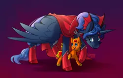 Size: 1800x1150 | Tagged: safe, artist:its-gloomy, derpibooru import, princess luna, oc, oc:fireheart, alicorn, alternate universe, boots, cape, clothes, evil luna, female, image, male, mother and child, mother and son, pegabat, png, shoes