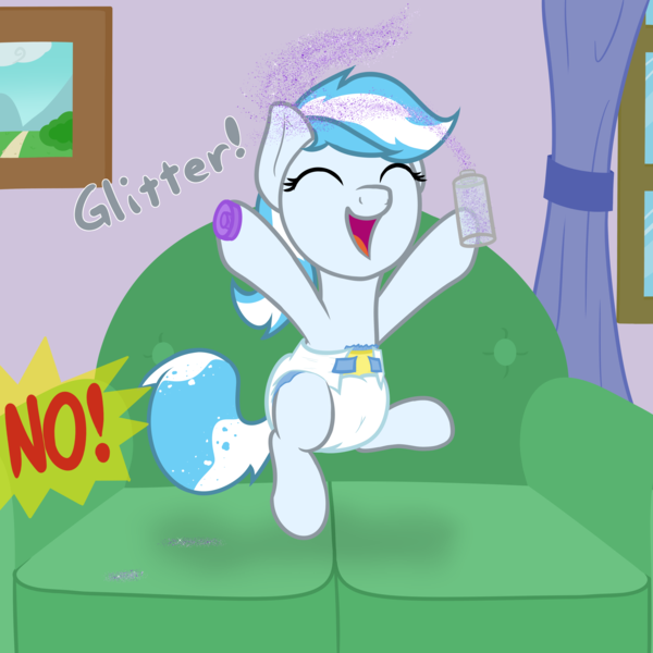 Size: 4000x4000 | Tagged: questionable, artist:nitei, derpibooru import, oc, oc:snow frost, unofficial characters only, pony, adult foal, couch, diaper, diaper fetish, eyes closed, fetish, glitter, image, jumping, messy, offscreen character, open mouth, open smile, png, smiling, solo