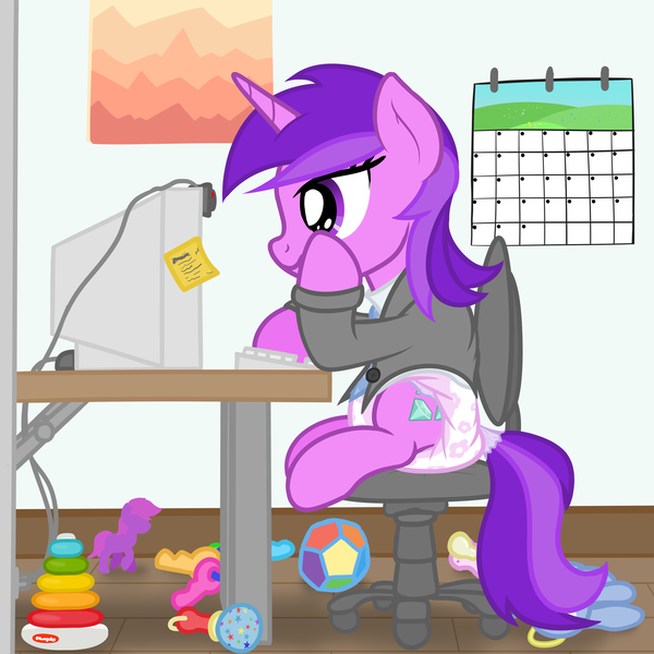 Size: 4000x4000 | Tagged: questionable, artist:nitei, derpibooru import, amethyst star, pony, unicorn, adult foal, chair, computer, diaper, diaper fetish, fetish, image, meeting, pink diaper, png, sitting, toy, webcam