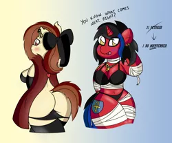 Size: 4237x3503 | Tagged: suggestive, artist:lewdfler85, derpibooru import, oc, oc:eclipse shine, oc:flani bainilye, unofficial characters only, anthro, bat pony, pony, unicorn, ankh, belly button, big breasts, blushing, bow, bra, breasts, cape, clothes, costume, ear piercing, earring, egyptian, female, females only, halloween, halloween costume, holiday, image, jewelry, lingerie, makeup, mummy, panties, panties pulled down, pendant, piercing, png, pose, simple background, socks, stockings, text, thick, thigh highs, underwear