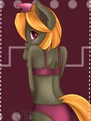 Size: 1200x1600 | Tagged: suggestive, artist:chromadraws, derpibooru import, oc, oc:eleanor, unofficial characters only, anthro, earth pony, abstract background, bra, clothes, commission, female, frilly underwear, image, looking back, panties, pink underwear, png, rule 63, sexy, shy, solo, solo female, underwear, ych result