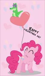 Size: 1024x1707 | Tagged: safe, artist:oobrushstrokeoo, derpibooru import, gummy, pinkie pie, alligator, earth pony, pony, balloon, cutie mark background, eyes closed, heart balloon, holiday, image, jpeg, mouth hold, valentine's day