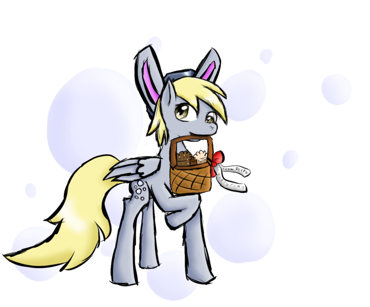 Size: 1227x1020 | Tagged: safe, artist:skywarriorstare, derpibooru import, derpy hooves, pegasus, pony, basket, bunny ears, cutie mark background, female, food, image, mare, muffin, png, simple background, solo, transparent background