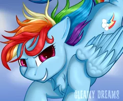 Size: 1024x838 | Tagged: safe, artist:gleamydreams, derpibooru import, rainbow dash, pegasus, pony, female, flowing mane, flying, grin, image, jpeg, looking at you, smiling, solo, wings