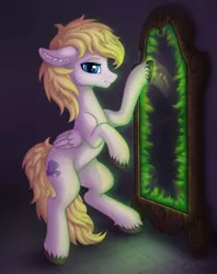 Size: 1758x2223 | Tagged: safe, artist:eltaile, derpibooru import, oc, oc:wholeheart, ghost, pegasus, undead, bone, ear fluff, hooves, image, magic, male, mirror, png, smiling, solo, spirit, spooky, witchcraft