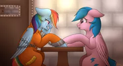 Size: 1498x801 | Tagged: safe, artist:corwolf, derpibooru import, firefly, rainbow dash, pegasus, pony, bound wings, chains, clothes, crying, cuffs, duo, female, g1, g1 to g4, generation leap, image, jpeg, prison, prison outfit, prisoner rd, sad, shackles, sobbing, visiting, wings