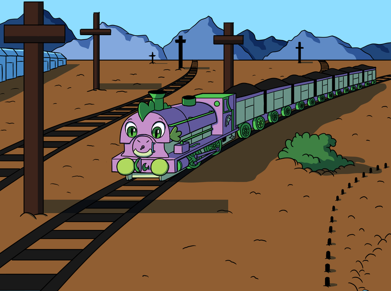 Size: 1280x953 | Tagged: safe, artist:sergeant16bit, derpibooru import, spike, bush, commission, image, inanimate tf, mountain, png, poles, tracks, train, trainified, transformation