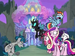 Size: 1024x768 | Tagged: safe, artist:chanyhuman, derpibooru import, pinkie pie, princess cadance, rainbow dash, rarity, stygian, thorax, tree of harmony, alicorn, changeling, earth pony, pegasus, pony, unicorn, fanfic, confession, description, description at source, description is artwork too, description is relevant, fanfic art, flying, freakout, image, jpeg, lost, male alicorn, pegasus cadance, pinkie being pinkie, plot twist, resistance, secret, story included, treehouse of harmony