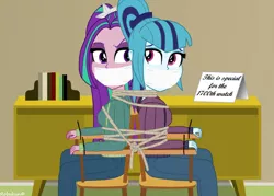 Size: 1058x756 | Tagged: safe, artist:robukun, derpibooru import, aria blaze, sonata dusk, equestria girls, back to back, bondage, bound and gagged, bound together, gag, image, jpeg, rope, rope bondage, tape, tape gag, tied to chair, tied up