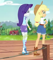 Size: 503x578 | Tagged: suggestive, artist:thedarkpony, derpibooru import, edit, edited screencap, screencap, applejack, rarity, equestria girls, legend of everfree, applebutt, butt, camp everfree outfits, clothes, cropped, fart, fart edit, fart noise, female, image, onomatopoeia, png, rearity, shorts, sound effects