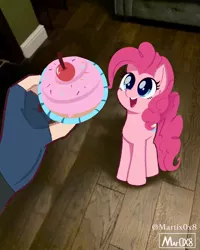 Size: 1080x1350 | Tagged: safe, artist:0x8martix, derpibooru import, pinkie pie, pony, clothes, cupcake, cute, diapinkes, disembodied hand, fingerless gloves, food, gloves, hand, image, irl, jpeg, offscreen character, offscreen human, open mouth, photo, ponies in real life, ponified animal photo, want