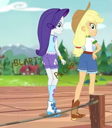 Size: 503x578 | Tagged: suggestive, artist:thedarkpony, derpibooru import, edit, edited screencap, screencap, applejack, rarity, equestria girls, legend of everfree, accident, camp everfree outfits, clothes, cropped, fart, fart noise, female, fetish, image, implied messing, implied pooping, implied scat, onomatopoeia, panties, pantypoop, png, scat, shart, shorts, sound effects, underwear