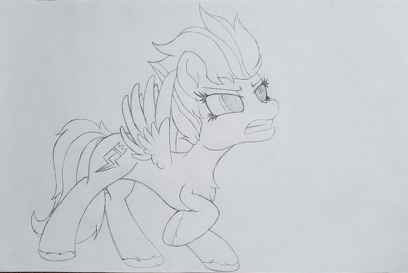 Size: 2755x1843 | Tagged: safe, artist:straighttothepointstudio, derpibooru import, zipp storm, pegasus, pony, my little pony: a new generation, angry, black and white, cutie mark, female, g5, grayscale, image, jpeg, mare, monochrome, solo, traditional art, unshorn fetlocks, wings