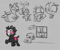 Size: 3000x2500 | Tagged: safe, artist:heretichesh, derpibooru import, rumble, oc, oc:s.leech, changeling, pegasus, pony, belly, belly bed, big belly, big head, changeling oc, clothes, colt, cosplay, costume, cute, cuteling, fake cutie mark, glasses, huge belly, image, impossibly large belly, jpeg, macro/micro, male, role reversal, sketch, sketch dump, smiling, window