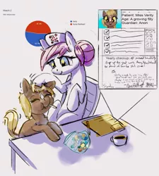 Size: 1097x1220 | Tagged: safe, artist:tiffortat, derpibooru import, nurse redheart, oc, ponified, ponified:verity, earth pony, pony, candy, chair, duo, eyes closed, female, filly, food, image, lollipop, mare, miss /mlp/ 2021, nurse, petting, pie chart, png, sitting, verity