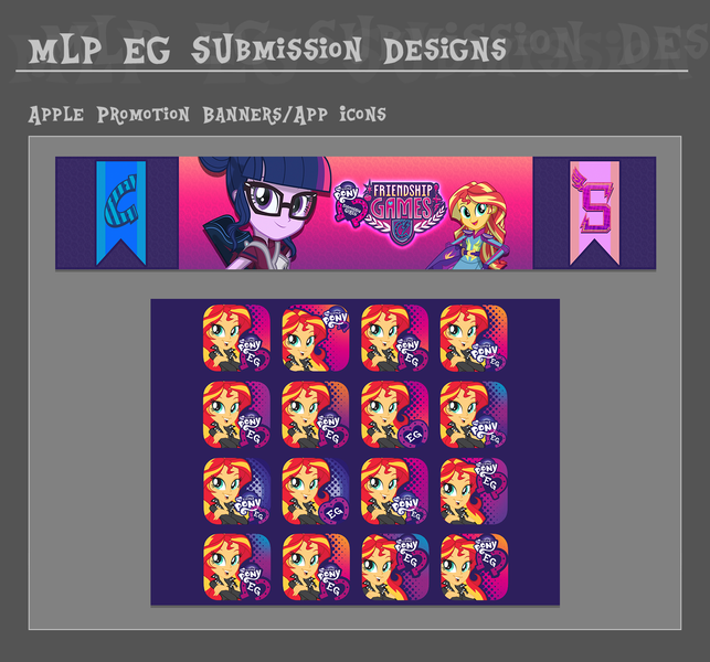 Size: 1400x1307 | Tagged: safe, artist:alex gibson, official, sci-twi, sunset shimmer, twilight sparkle, equestria girls, friendship games, app, app icon, apple (company), banner, concept art, development, equestria girls app, equestria girls logo, glasses, gray background, icon, image, logo, png, promotional art, simple background, sporty style