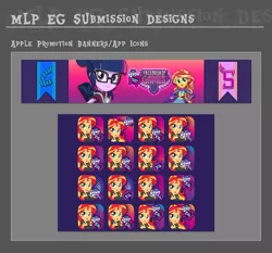 Size: 1400x1307 | Tagged: safe, artist:alex gibson, official, sci-twi, sunset shimmer, twilight sparkle, equestria girls, friendship games, app, app icon, apple (company), banner, concept art, development, equestria girls app, equestria girls logo, glasses, gray background, icon, image, logo, png, promotional art, simple background, sporty style