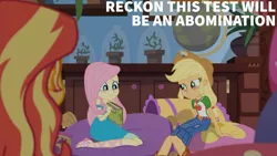 Size: 1280x720 | Tagged: safe, derpibooru import, edit, edited screencap, editor:quoterific, screencap, applejack, fluttershy, sunset shimmer, equestria girls, equestria girls series, holidays unwrapped, spoiler:eqg series (season 2), applejack's hat, belt, blizzard or bust, book, boots, clothes, cowboy boots, cowboy hat, cutie mark, cutie mark on clothes, denim skirt, female, geode of fauna, geode of super strength, hat, image, jewelry, jpeg, magical geodes, necklace, sandals, shoes, skirt
