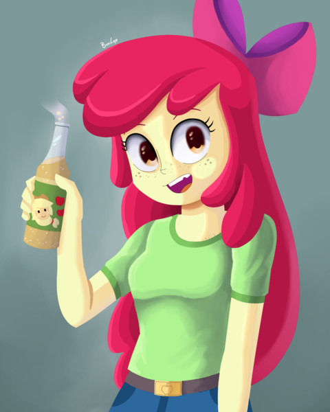 Size: 1600x2000 | Tagged: safe, artist:biocrine, derpibooru import, apple bloom, equestria girls, cider, female, image, looking at you, open mouth, png, smiling, solo