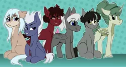 Size: 3773x2000 | Tagged: safe, artist:zahsart, derpibooru import, oc, unofficial characters only, bat pony, earth pony, hybrid, kirin, pegasus, pony, floppy ears, frown, image, jpeg, lidded eyes, looking at you, smiling