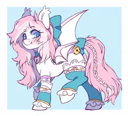 Size: 1828x1658 | Tagged: safe, artist:cheekipone, derpibooru import, oc, unofficial characters only, bat pony, pony, bat pony oc, bat wings, bell, blushing, bow, choker, hair bow, image, jpeg, looking at you, smiling, solo, spread wings, stockints, wings