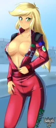 Size: 1862x4249 | Tagged: source needed, suggestive, artist:danmakuman, applejack, equestria girls, absolute cleavage, braless, breasts, cleavage, clothes, female, image, jumpsuit, looking at you, png, race track, shoulder pads, skinsuit, solo, solo female, undressing, unzipped, unzipping