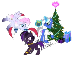 Size: 6000x4694 | Tagged: safe, artist:kaitykat117, derpibooru import, oc, oc:heavy weather, oc:purple haze, oc:weird science, base used, best friends, christmas, christmas tree, fire of friendship, hat, hearth's warming eve, high res, holiday, image, png, present, santa hat, tree, vector