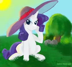 Size: 3022x2832 | Tagged: safe, artist:l1ght, derpibooru import, rarity, pony, unicorn, blue eyes, giant hat, grass, hat, image, looking at you, meadow, nature, outdoors, png, sitting, smiling, smiling at you, solo, tree