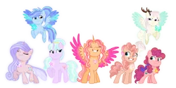 Size: 1280x645 | Tagged: safe, artist:dawnheartyt, derpibooru import, oc, unofficial characters only, alicorn, earth pony, pegasus, pony, alicorn oc, antlers, base used, earth pony oc, eyelashes, female, flying, grin, group, horn, image, mare, pegasus oc, png, simple background, smiling, spread wings, transparent background, wings
