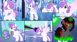 Size: 1280x700 | Tagged: safe, artist:cobaltstaryt, derpibooru import, princess flurry heart, oc, oc:ivory, changepony, hybrid, pony, base used, blast, comic, crystal heart, dark magic, disguise, disguised changeling, eyelashes, female, glow, glowing horn, horn, image, interspecies offspring, magic, magic beam, magic blast, mare, offspring, older, older flurry heart, parent:king sombra, parent:queen chrysalis, parents:chrysombra, peytral, png, smiling, telekinesis, ultimare universe