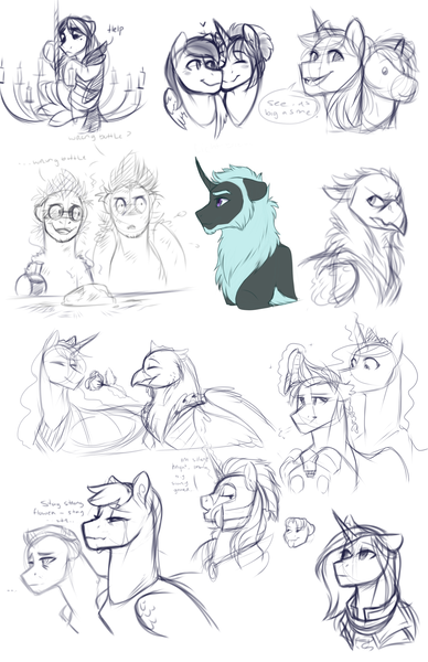 Size: 1600x2477 | Tagged: safe, artist:royvdhel-art, derpibooru import, oc, unofficial characters only, gryphon, pegasus, pony, unicorn, griffon oc, horn, image, lineart, male, partial nudity, pegasus oc, png, sketch, sketch dump, smiling, stallion, unicorn oc, wings