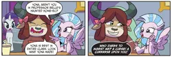 Size: 965x322 | Tagged: safe, artist:michela cacciatore, derpibooru import, idw, rarity, silverstream, yona, hippogriff, yak, spoiler:comic, spoiler:comicgenerations02, comic, cookie, drink, drinking straw, food, horns, image, jpeg, my little pony: generations, school of friendship, smiling, table, wings