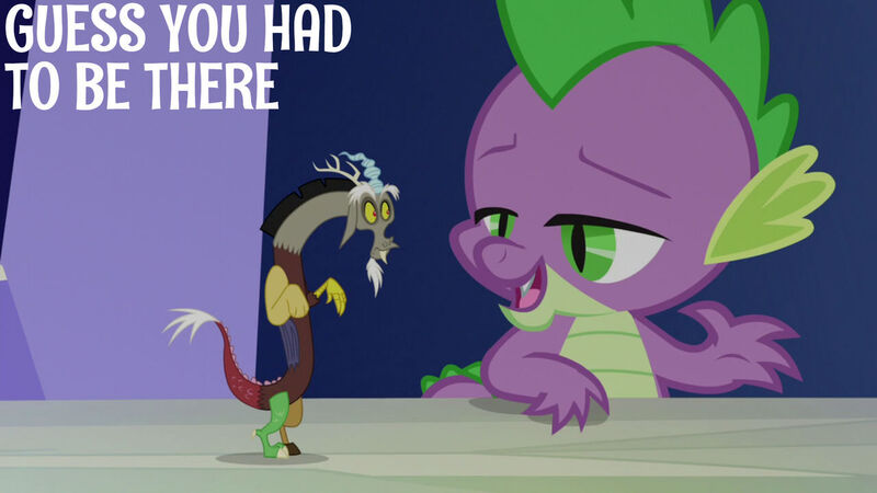 Size: 1280x720 | Tagged: safe, derpibooru import, edit, edited screencap, editor:quoterific, screencap, discord, spike, draconequus, dragon, season 5, what about discord?, image, jpeg, male, open mouth, open smile, smiling, twilight's castle