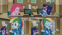 Size: 1280x720 | Tagged: safe, derpibooru import, edit, edited screencap, editor:quoterific, screencap, pinkie pie, rainbow dash, sci-twi, twilight sparkle, equestria girls, equestria girls series, holidays unwrapped, spoiler:eqg series (season 2), :o, blizzard or bust, bowtie, clothes, cutie mark, cutie mark on clothes, eyes closed, female, geode of sugar bombs, geode of super speed, geode of telekinesis, glasses, hoodie, image, jewelry, jpeg, magical geodes, necklace, open mouth, open smile, ponytail, smiling, tanktop