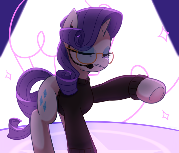 Size: 4800x4127 | Tagged: safe, artist:maren, derpibooru import, rarity, pony, unicorn, keynote pie, my little pony: pony life, spoiler:pony life s01e16, 2020, clothes, eyes closed, female, g4, g4.5 to g4, glasses, headset, headworn microphone, image, png, scene interpretation, solo, sweater, turtleneck