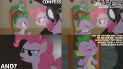 Size: 1280x720 | Tagged: safe, derpibooru import, edit, edited screencap, editor:quoterific, screencap, gummy, pinkie pie, spike, alligator, dragon, earth pony, pony, party of one, season 1, chair, eyes closed, female, image, implied twilight sparkle, jpeg, male, mare, open mouth, sugarcube corner