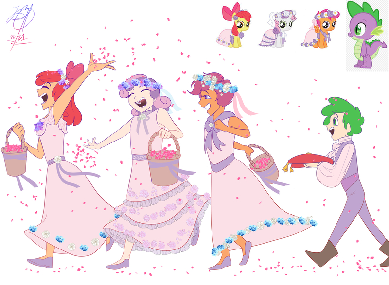 Size: 10100x7400 | Tagged: safe, artist:blacktiger273, derpibooru import, apple bloom, scootaloo, spike, sweetie belle, dragon, earth pony, human, pegasus, unicorn, a canterlot wedding, absurd resolution, basket, clothes, cummerbund, cutie mark crusaders, flats, floral head wreath, flower, flower girl, flower girl dress, humanized, image, jewelry, jpeg, petals, pillow, ring, ring bearer, shoes, simple background, tan skin, vest, wedding ring, white background