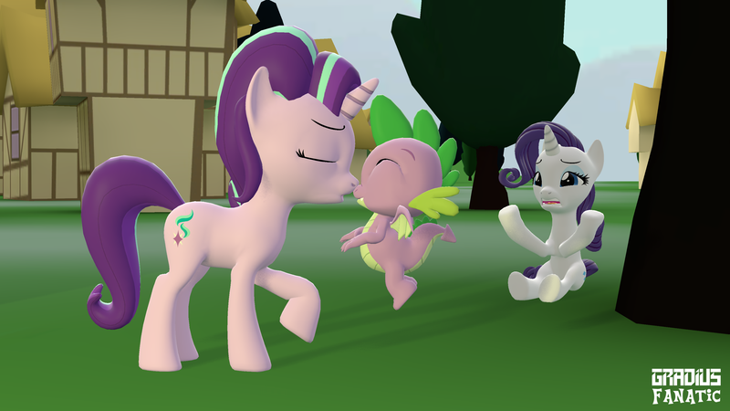 Size: 3413x1920 | Tagged: safe, artist:gradiusfanatic, derpibooru import, rarity, spike, starlight glimmer, dragon, pony, unicorn, 3d, female, image, kissing, male, png, source filmmaker