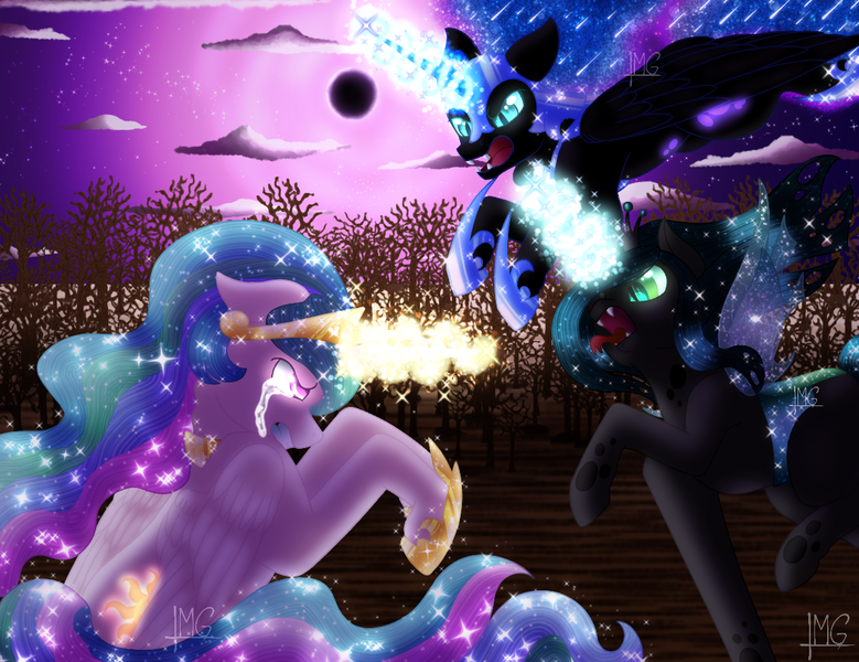 Size: 1190x916 | Tagged: safe, artist:bluediamondoficial01, derpibooru import, nightmare moon, princess celestia, queen chrysalis, alicorn, changeling, pony, angry, cloud, crown, crying, ethereal mane, feather, female, fight, flowing mane, flowing tail, flying, glow, glowing eyes, glowing horn, hoof shoes, horn, image, jewelry, looking at you, magic, moon, moonlight, night, open mouth, png, regalia, signature, sky, spread wings, starry mane, starry tail, stars, tail, tree, wings